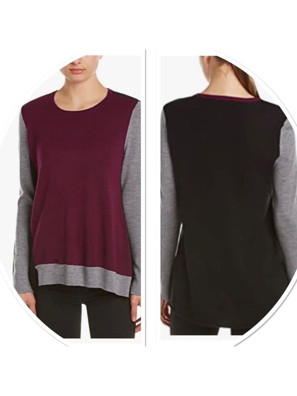 BCBG Merrino wool asymmetric sweater. beautiful deep wine, grey, black